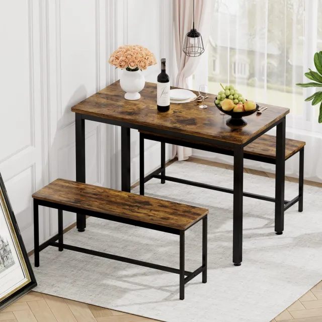 DESMIU Eettafelset Voor Vier Personen - Industrieel Ontwerp Met Tafel En Banken - Voor Keuken, Eetkamer En Woonkamer - Spaanplaat En Staal - 110x60x75 Cm - Rustiek Bruin En Zwart