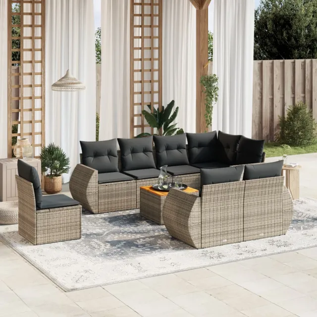 vidaXL 9-delige Loungeset met kussens poly rattan grijs, foto 2