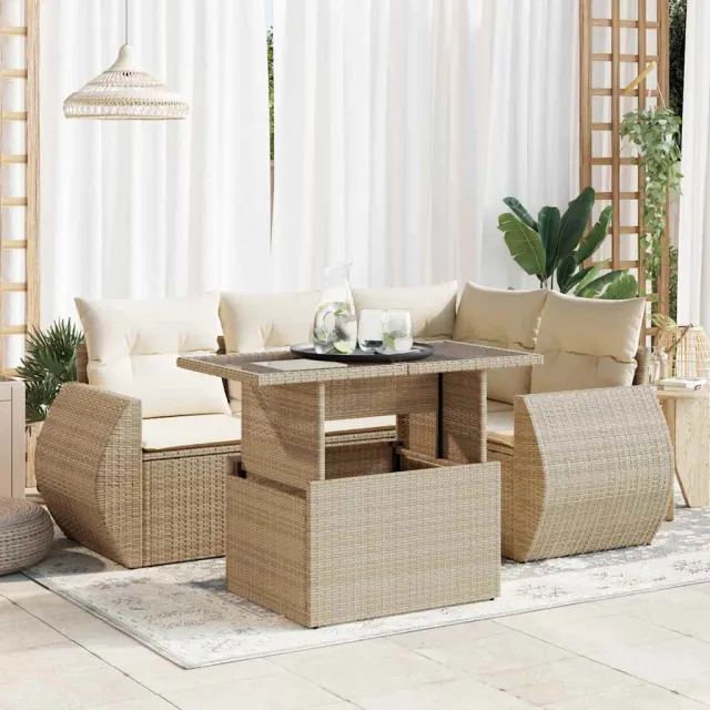vidaXL 5-delige Loungeset met kussens poly rattan beige, foto 2