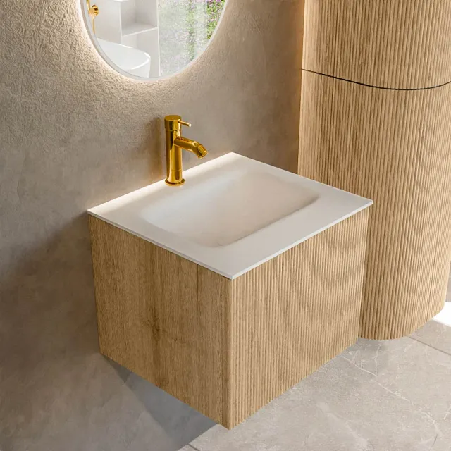 Mondiaz KURVE 50 cm Onderkast Greeploos 1 Lade Zonder Deuren Oak, Wastafel Solid Surface Midden Talc 1 Kraangat Zonder Spiegel (KRVGRU501L0D1KM-Oak/Tal)