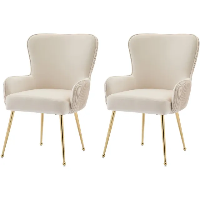 MUVANO Fluwelen Eetkamerstoelen - Luxe Loungestoel - Gouden Poten - Armleuning - Lendensteun - Verstelbaar - Woonkamer - 120kg - Set Van 2 - Beige