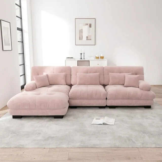 Merax Luxe hoekbank - L-vormige bank, geschikt voor de woonkamer, slaapbank met voetenbank, roze