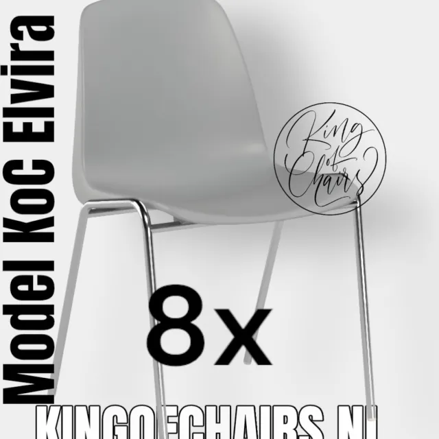 King of Chairs set van 8- model KoC Elvira lichtgrijs met verchroomd onderstel. Kantinestoel stapelstoel kuipstoel vergaderstoel tuinstoel kantine stapel stoel kantinestoelen stapelstoelen kuipstoelen keukenstoel Helene schoolstoel eetkamerstoelen