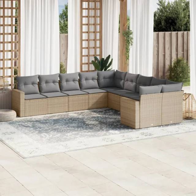 vidaXL 10-delige Loungeset met kussens poly rattan beige, foto 2