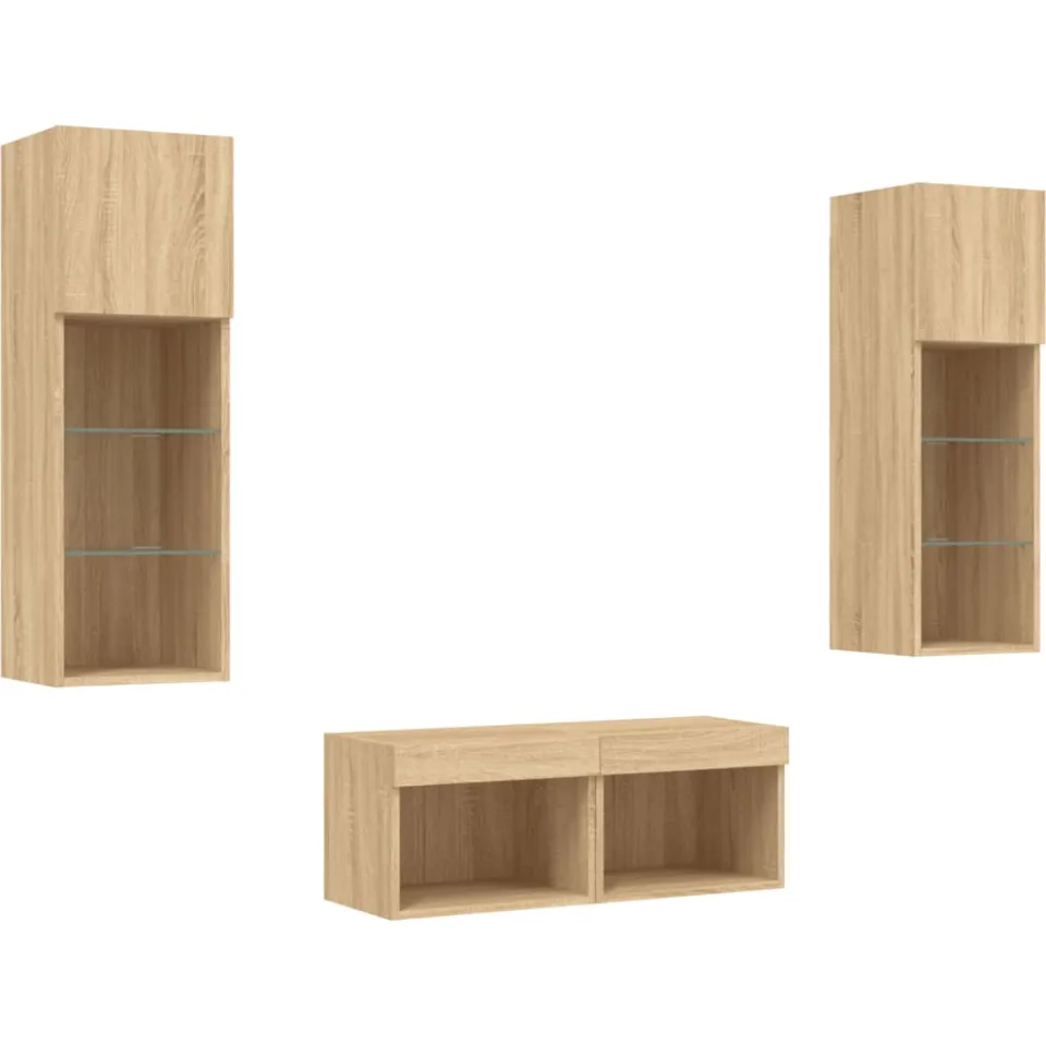 vidaXL 4-delige Tv-wandmeubelset met LED-verlichting sonoma eikenkleur Bruin