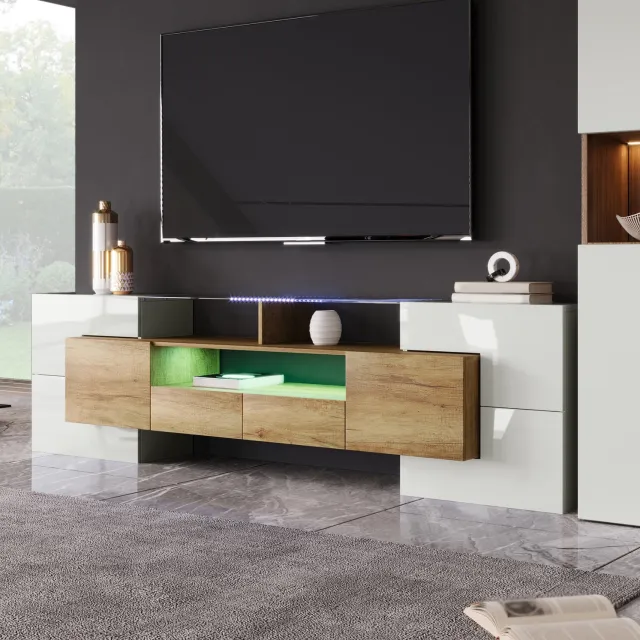 Maisentiel Tv-meubel 200 cm met ledverlichting, 2 lades en open vakken houtkleurig