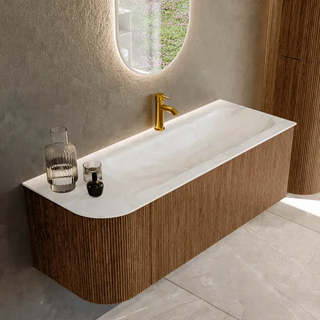 Mondiaz KURVE-DLUX 125 cm Onderkast Greeploos 1 Lade Met Deuren Walnut, Wastafel Solid Surface Rechts Ostra 1 Kraangat Zonder Spiegel (KRVBGM125L1L1D1KR-Wal/Ost)