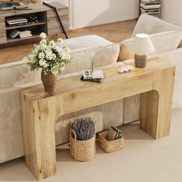 HOERFURIY Console van 160 cm lang, houten rechthoekige salontafel voor achter de bank, stevige landelijke haltafel voor de hal, gang of woonkamer, naturel Natuurlijk