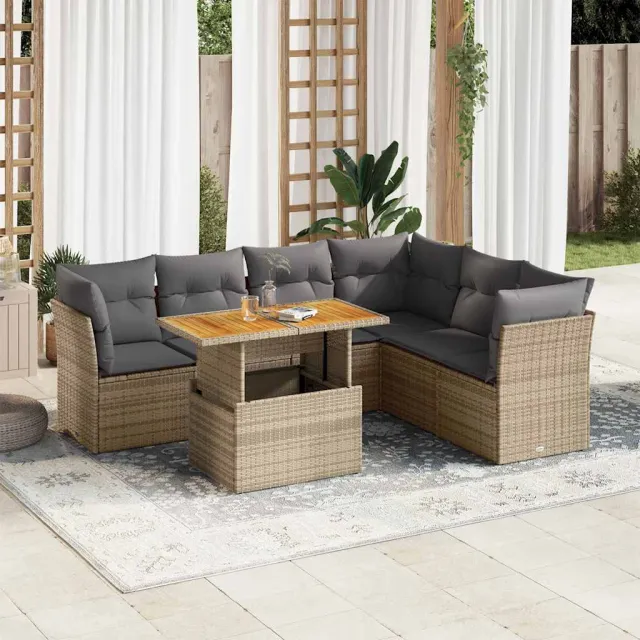 vidaXL 7-delige Loungeset met kussens poly rattan beige, foto 2