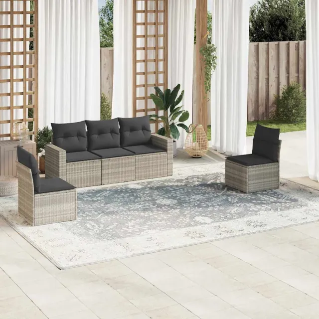 vidaXL 5-delige Loungeset met kussens poly rattan lichtgrijs grijs, foto 2