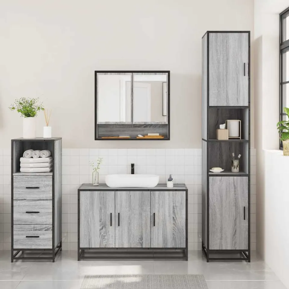 vidaXL 3-delige Badkamermeubelset bewerkt hout grijs sonoma eikenkleur, foto 2