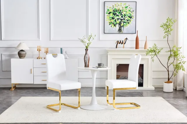 OKWISH Eetkamerstoel - Ergonomisch Comfort - Set Van 2 - PU - Modern Minimalistisch - Wit - Voor Eetkamer, Study En Kantoor Wit + Goud