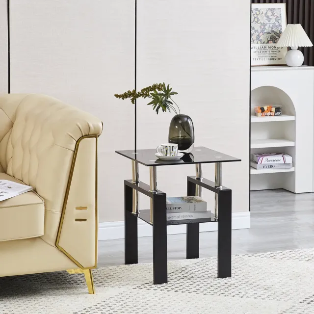 CHICFURN Bijzettafel - Gehard glazen blad - 2-delige set - Zwart