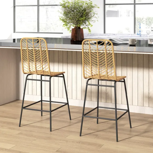 FloraGrace Barkruk Set Van 2 Met Rugleuning - Boho Design Met Voetsteun - Voor Keuken Of Bar - Rotan En Metaal - Geel En Zwart