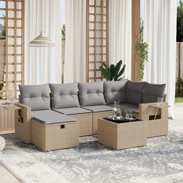 vidaXL 7-delige Loungeset met kussens poly rattan gemengd beige, foto 2