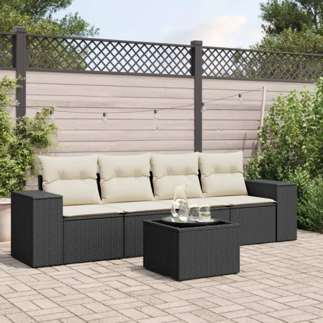 vidaXL 5-delige Loungeset met kussens poly rattan zwart, foto 2