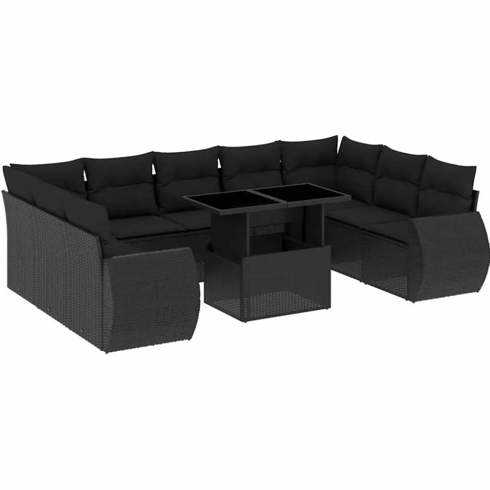 vidaXL 10-delige Loungeset met kussens poly rattan zwart, foto 3