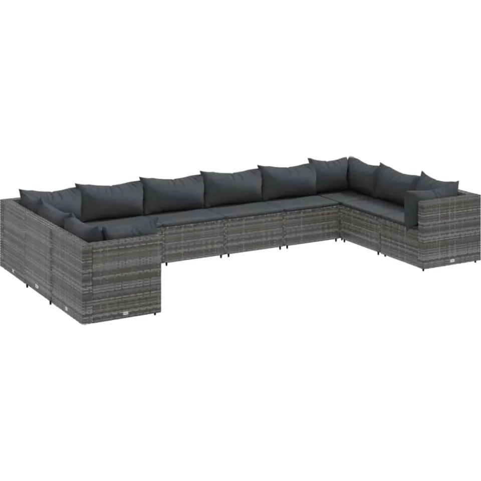vidaXL 10-delige Loungeset met kussens poly rattan grijs