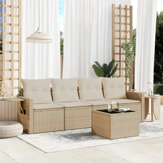 vidaXL 5-delige Loungeset met kussens poly rattan beige, foto 2