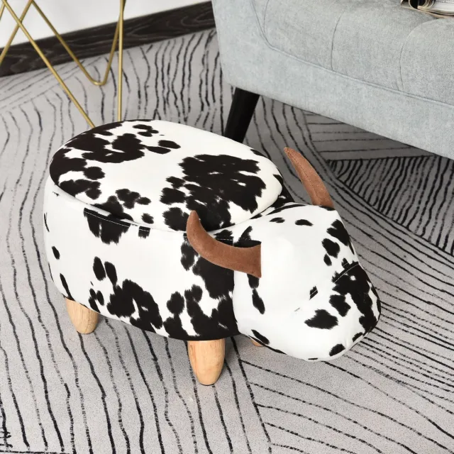 COVREO Poef 62 x 35 x 36 cm zwart wit, van hout en stof met opbergruimte