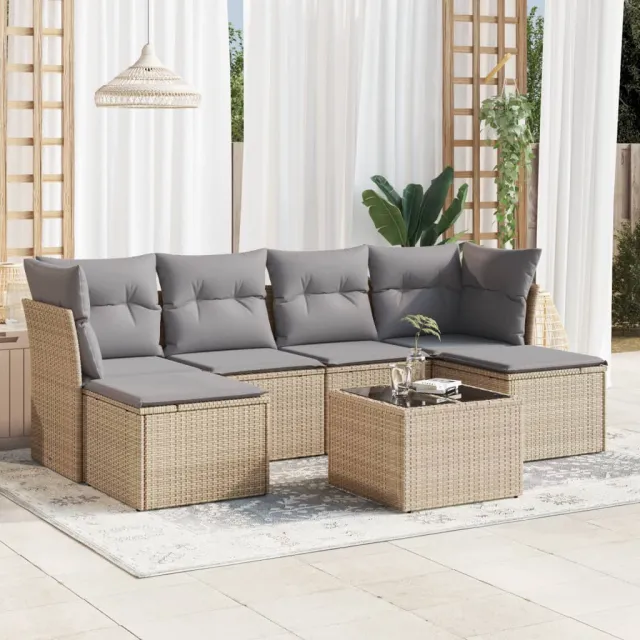 vidaXL 7-delige Loungeset met kussens poly rattan beige, foto 2