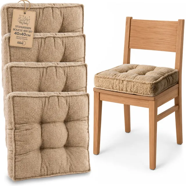 Amazinggirl Zitkussen voor Eetkamerstoel en Keukenstoel Vierkant Zacht Beige Bouclé (4 stuks)