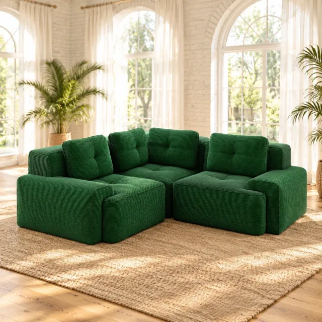 WUVRIE Modulaire hoekbank 206x206 cm - 3-zits in ribfluweel, zonder montage - Groen