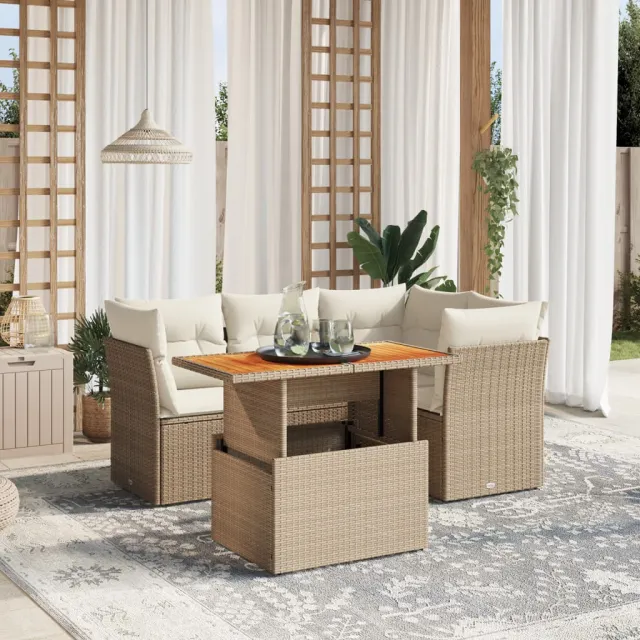 vidaXL 5-delige Loungeset met kussens poly rattan beige, foto 2
