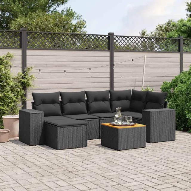 vidaXL 7-delige Loungeset met kussens poly rattan zwart, foto 2