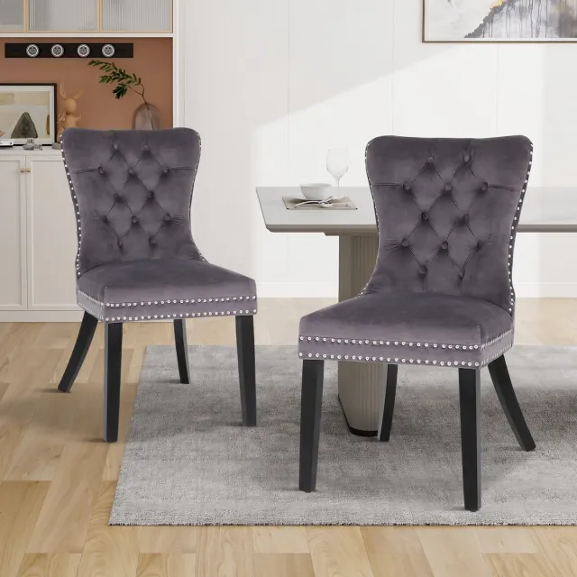 Puluomis Eetkamerstoelen - Set Van 2 - Fluweelstof - Massief houten poten - Grijs