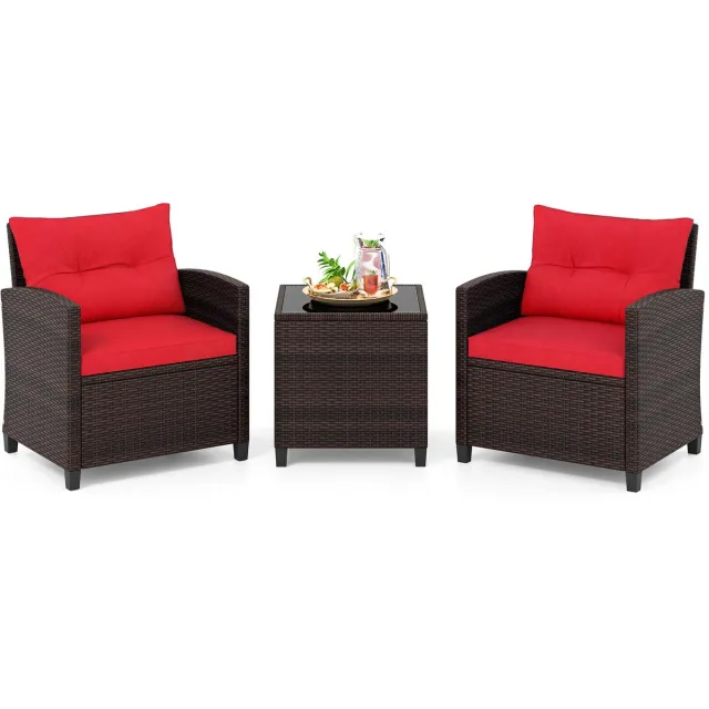 Costway Tuinmeubelset van rotan, 3-delige balkonset bestaande uit 2 fauteuils, kussens en een tafel met blad van gehard glas, kleine balkonmeubels, weerbestendige zitgroep voor 2 personen(Rood)
