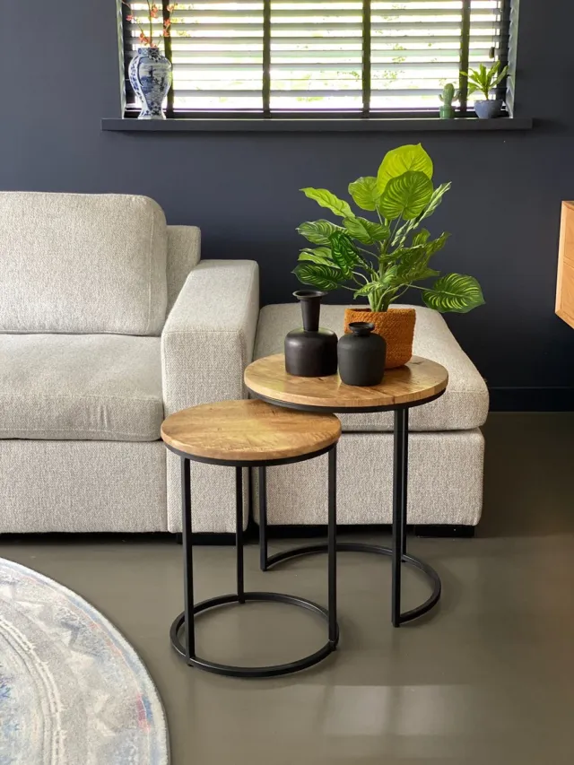 The Copperbarn Bijzettafel Mangohout industrieel rond Duo set van 2 Bruin