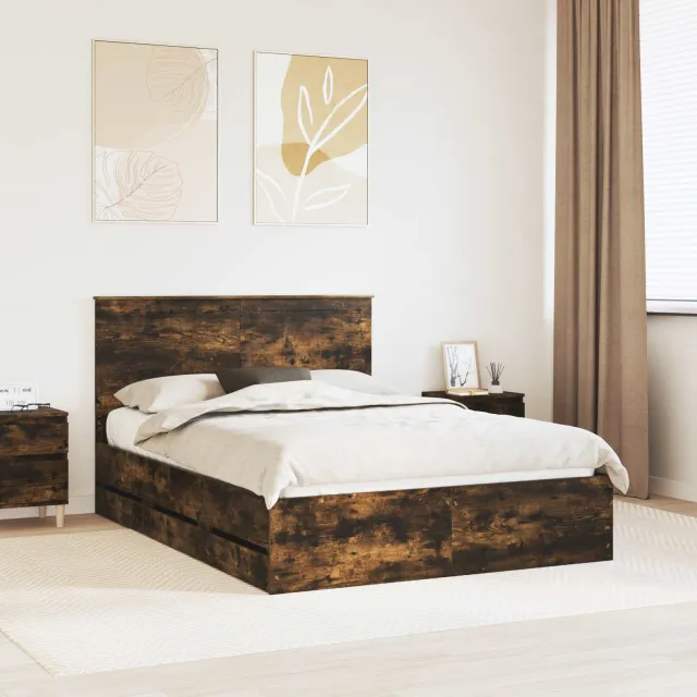 vidaXL Bedframe met lade Gerookt eiken 135 x 190 cm Ingenieurshout Bruin