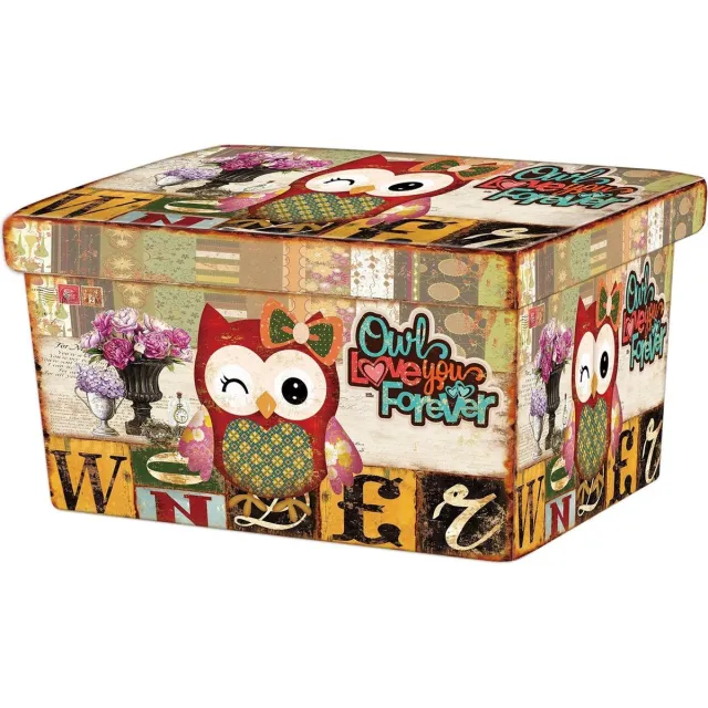 Playwood Speelgoedbank opbergbank poef Opvouwbare opberg zitbank met uil motief - 76 x 40 x 40 cm multi colour
