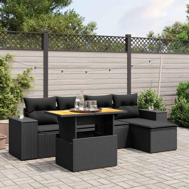 vidaXL 6-delige Loungeset met kussens poly rattan zwart, foto 2