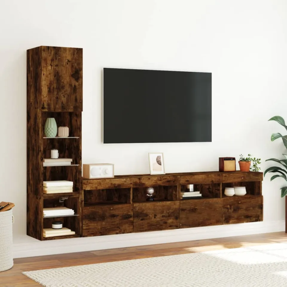 vidaXL 8-delige tv-wandmeubelset met LED bewerkt hout gerookt eiken, foto 3
