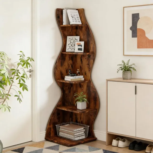 OKWISH Boekenkast Hoekmodel – 50 x 50 x 182,5 cm – Verstelbare Planken – Hout – Bruin – Open Opbergruimte Voor Woonkamer En Kantoor