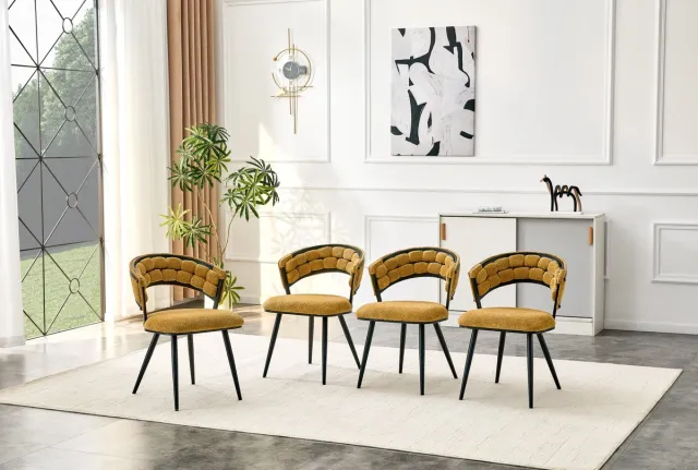 DESMIU Eetkamerstoel Set Van 4 78 Cm - Luxe Geel Fluweel Met Zwart Metalen Onderstel - Moderne Kuipstoel Voor Eetkamer Woonkamer En Slaapkamer