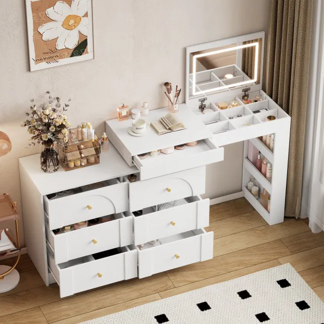 STILVORA Kaptafel - Draaibare Make-Up Tafel Met LED-Spiegel En 7 Lades - Klapbaar Tot Bureau Voor Slaapkamer En Thuiswerk - Spaanplaat - 105x40x80 cm - Wit