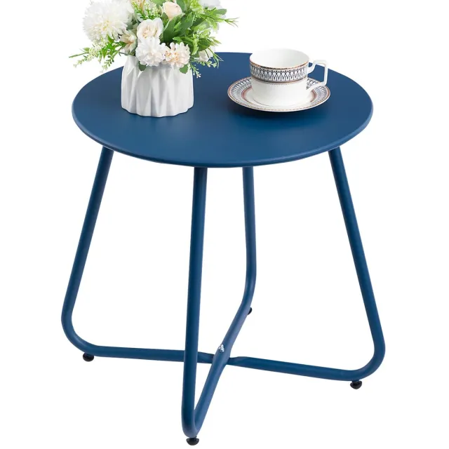 Famanu Ronde bijzettafel voor buiten, kleine balkontafel, metalen koffietafel, ideaal voor patio en woonkamer, marineblauw