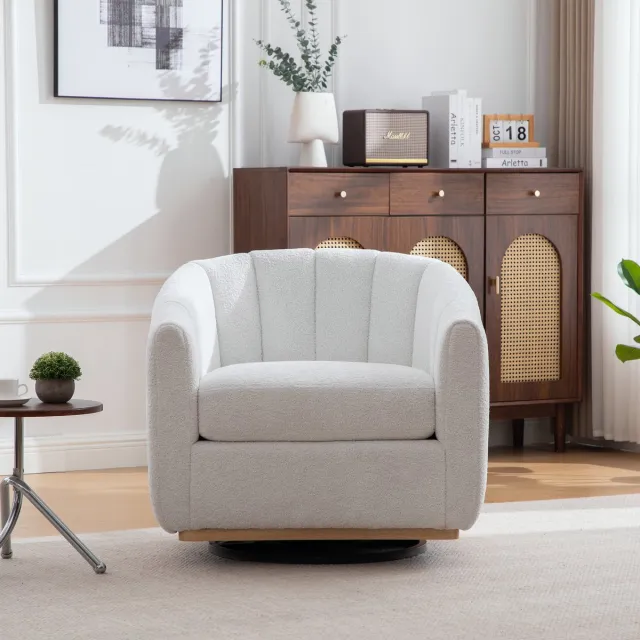 in& out door furniture Moderne chenille gepolsterte Hocker mit Metallfuß, 360° draaifunctie, gepolsterter Fass-Sessel met kwastjes versiering, pompoenvormige clubfauteuil voor woonkamer, familiekamer, slaapkamer, lounge, ivory