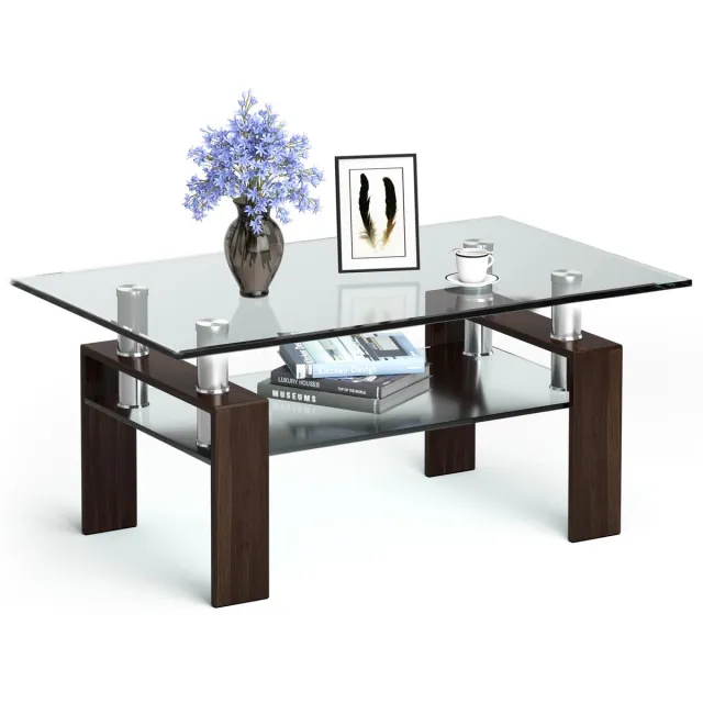 Costway Salontafel van glas, woonkamertafel met onderste plank, glazen tafel met metalen frame, salontafel, salontafel, salontafel, clubtafel, bijzettafel, opbergtafel voor de woonkamer en kantoor Bruin