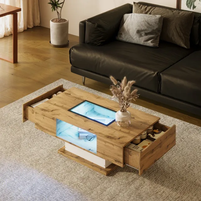 Sweiko Salontafel, woonkamertafel met van kleur veranderende LED-verlichting, glazen tafel, bijzettafel met twee laden, natuurlijke houtkleur