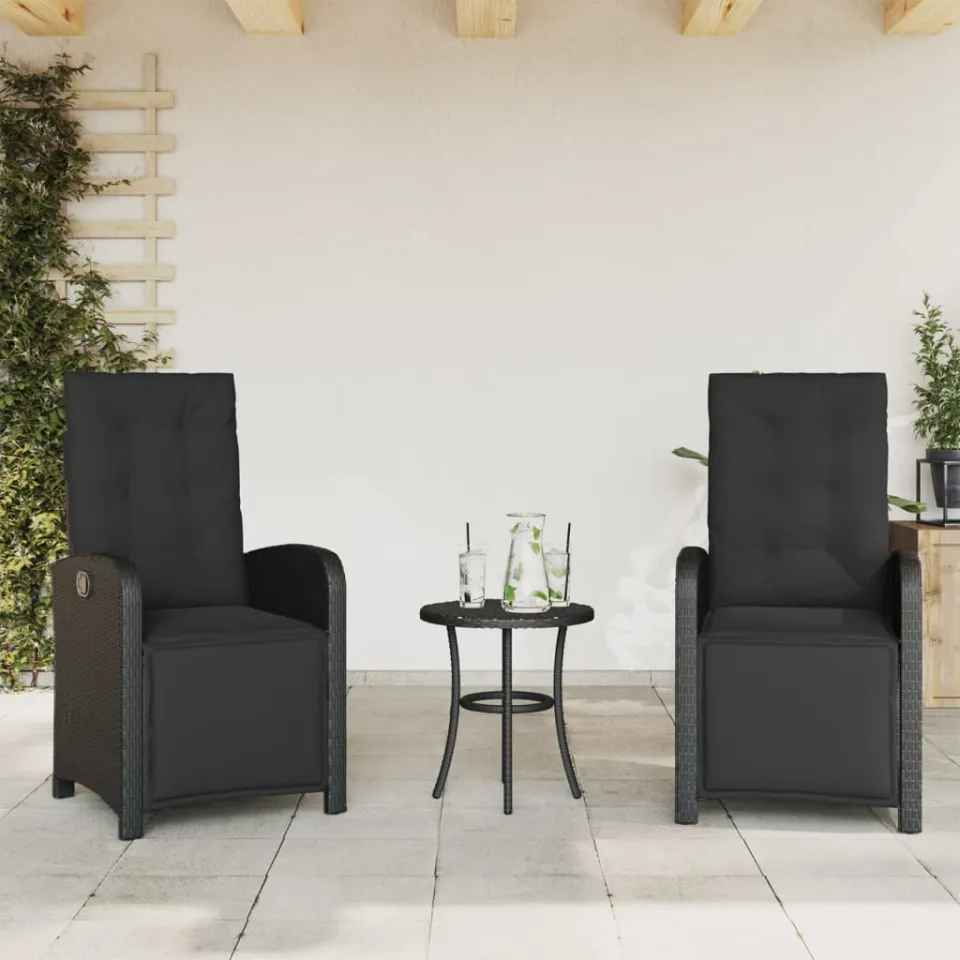 vidaXL 3-delige Bistroset met kussens poly rattan zwart, foto 2