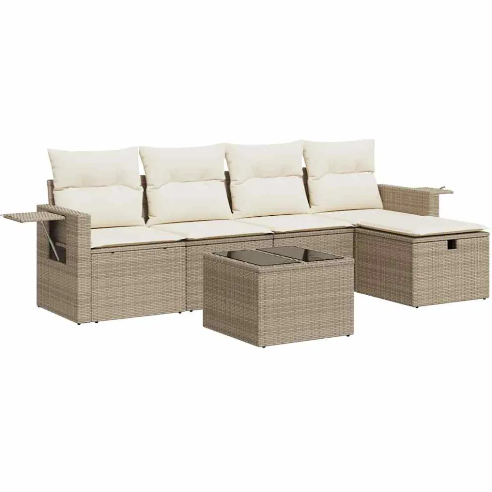 vidaXL 6-delige Loungeset met kussens poly rattan beige, foto 3