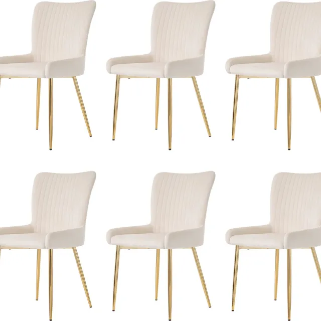 Merax Set van 6 Luxe Eetkamerstoelen – Beige Velvet – Met Lendensteun en Gouden Metalen Poten – Comfortabele Lounge Stoelen voor Woonkamer, Slaapkamer of Eetkamer