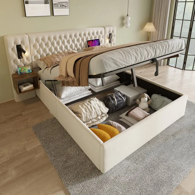 MODENUIT Slaapkamercombinatie - 180 x 200 cm - Hydraulische Opbergruimte - Fluweel - Beige - USB-Laders