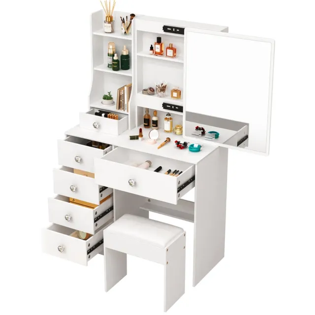 Atlasyx tafel - Make up - Kaptafel - Met spiegel en verlichting - Makeuptafel - Bureau - Inclusief krukje - 80 x 36 x 130 cm - Wit