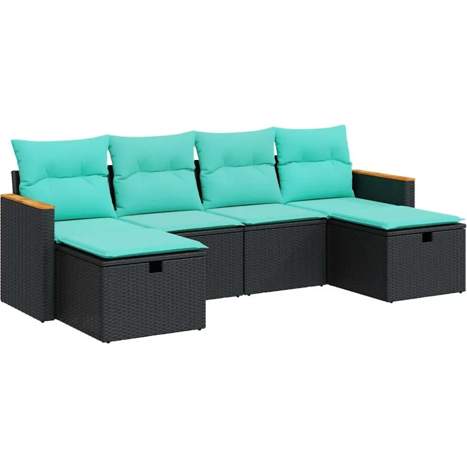 vidaXL 6-delige Loungeset met kussens poly rattan zwart, foto 3