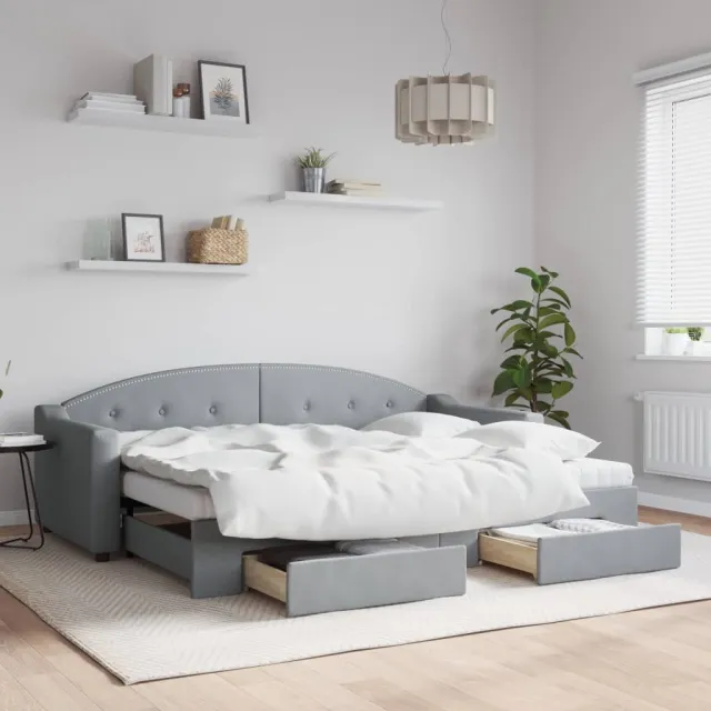 vidaXL Slaapbank met onderschuifbed en lades 80x200 cm stof lichtgrijs grijs